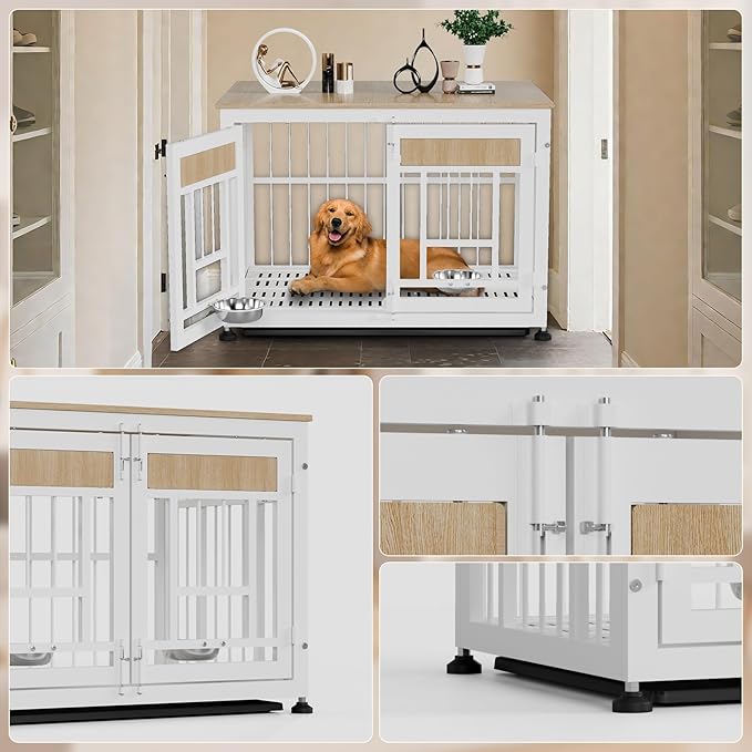 Dog Crate Furniture End Table, 38 Inch Hidden Kennel Cabinet with Removable Tray, Thickened Metal Frame Dog Cage, Dual-Purpose Pet House & Nightstand for Living Room-PawvioPets