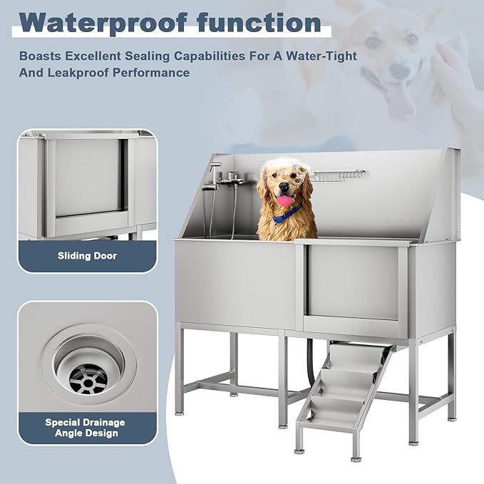 62" Professional Stainless Steel Dog Bathing Station, Large Dog Washing Station W/Dog Bath Brush, Washing Gloves, Floor Grate, Dog and Cat Bath Tub, Dog Washing Sink (62 Inch Right Door)-PawvioPets