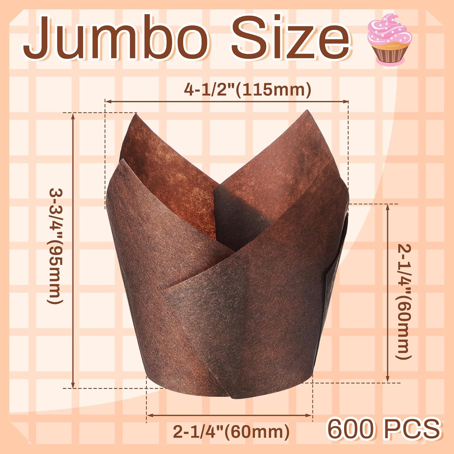 600 Pcs Jumbo Muffin Liners for Baking 2-1/4" x 4" Large Tulip Cupcake Liners Greaseproof Cupcake Wrapper Paper for Weddings Birthday Christmas Anniversaries Party (Brown)