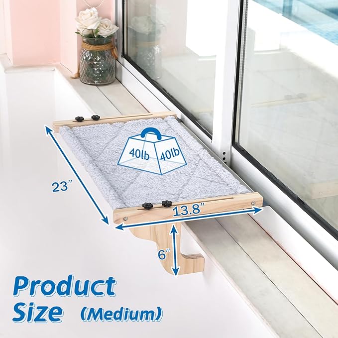 Easy Seat Cat Perch for Window Sill - Hammock Design w/Pine Wood & Robust Metal Frame - Cat Window Seat for Large Cats and Kittens (Natural Color Wood w/Gray Bed, Medium (23''W x 14''D))-PawvioPets