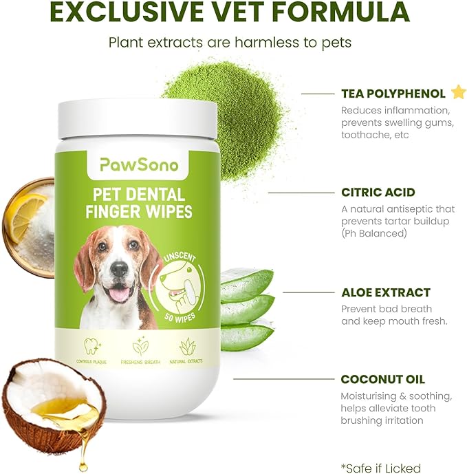 Dog Teeth Cleaning Wipes, Fresh Breath Pet Dental Finger Wipes for Dogs & Cats, Dog Dental Wipes Teeth Wipes, Lick-Safe Pet Toothbrus for Easy Removal of Tartar Buildup, Unscented, 50 PCS-PawvioPets