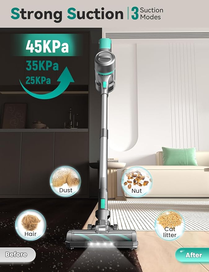 DEVOAC S10K Cordless Vacuum Cleaner, 45Kpa 50mins Lightweight Stick Vacuum with Powerful Suction for Home, Rechargeable, Self-Standing, Handheld Vacuum Cleaners for Hardwood Floors, Carpets, Pet Hair-PawvioPets