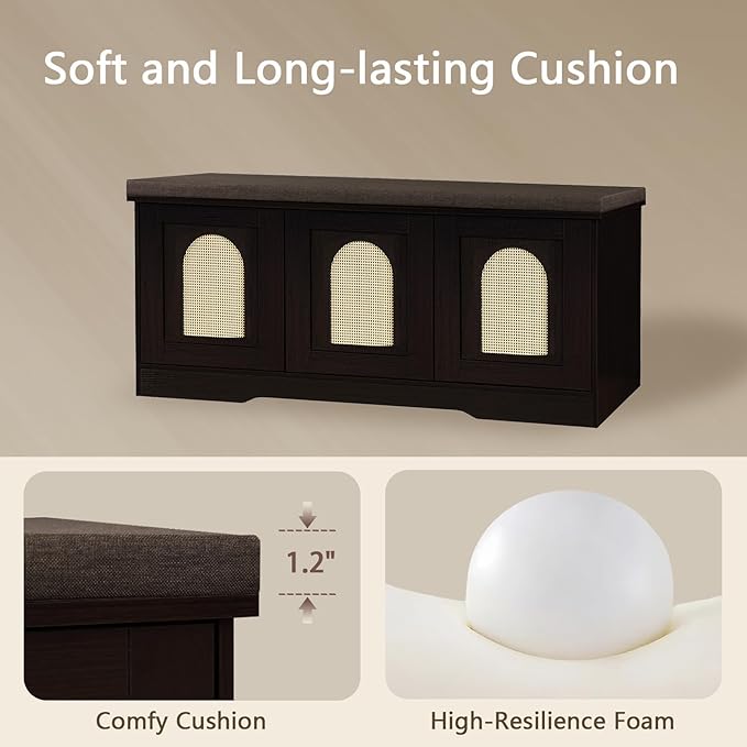 DINZI LVJ Shoe Bench, Entryway Storage Bench with Doors, Cushion, 2-Tier Shoe Rack with 6-Cubby, 39.4”L x 13.8”W Shoe Organizer Cabinet, Adjustable Shelf, Living Room, Bedroom, Espresso with Rattan-PawvioPets