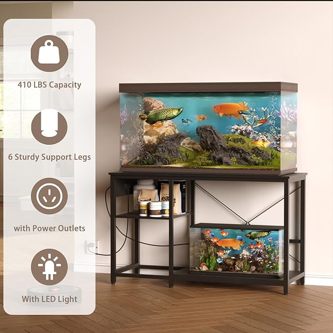 20-29 Gallon Fish Tank Stand with Power Outlet & LED Light, Metal Aquarium Stand with 3 Tier Adjustable Storage Shelves, Tank Stand for Reptile Tank, Turtle Tank, 30.7" L*13.8" W, Black-PawvioPets
