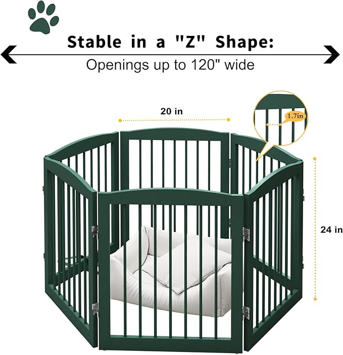 Freestanding Pet Gate for Dogs, Foldable Wooden Dog Gate for House, Extra Wide Indoor Pet Barrier for Stair, Doorway, Hall, Support Feet Included, 120 Inch Wide, 6 Panels 24",Green-PawvioPets