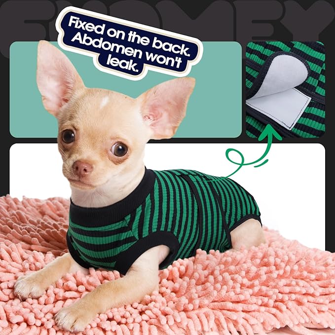FUAMEY Recovery Suit for Dogs After Surgery,Soft Breathable Dog Bodysuit E-Collar & Cone Alternative Surgical Suit,Male Female Dog Neuter Spay Suits Anti Licking Wounds Onesie Green Black Stripes XS-PawvioPets