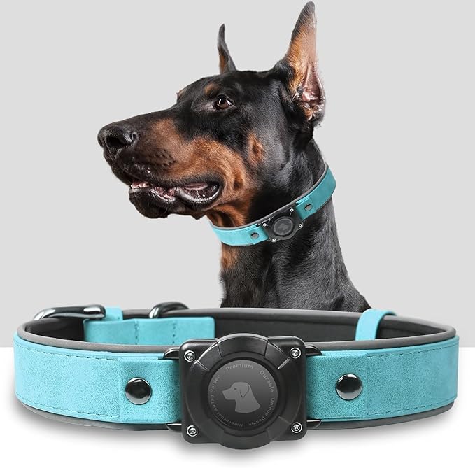 AirTag Dog Collar - Leather Dog Collar with Air Tag Holder | IPX8 Waterproof, Reflective, High - End, Adjustable Soft Padded | Dog GPS Tracker Collars Fit for Medium Large Dogs (Light Blue, M)-PawvioPets