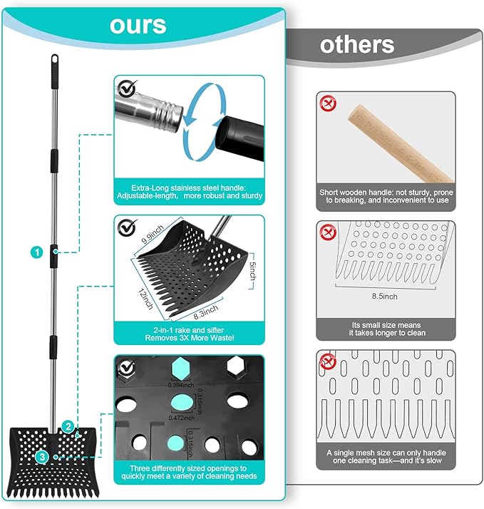 12-Inch 2-in-1 Chicken Poop Scooper & Rake – US Patent Pending – 3-Shape Sifting Holes Chicken Coop Rake，Stainless Steel Handle （20–61"）– Litter Scoop Sand & Sifting Shovel for Chicken Coops (Black)-PawvioPets