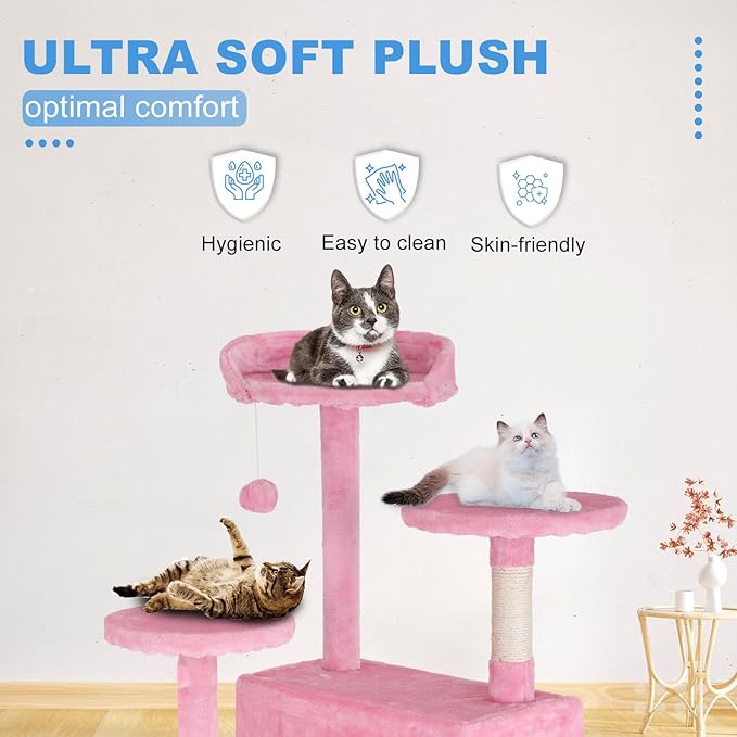 FDW Cat Tree 54in Cat Tower Multi-Level Durable Cat Scratching Post & Cozy Fun Cat Jumping Platform Space Saving Cat Condo Pet Play House for Indoor Cats,Pink-PawvioPets