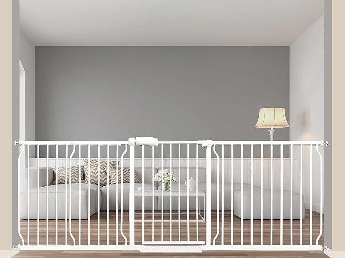 Extra Wide Baby Gate 85.8-90.5 Inch, Pressure Mounted No Drilling, for Stairs & Doorways, Metal White Indoor Safety Gate for Kids and Dogs-PawvioPets