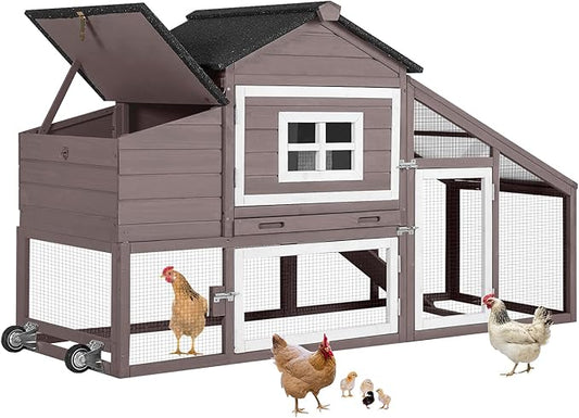 Aivituvin Chicken Coop Outdoor with Wheels, Mobile Hen House Wooden Poultry Cage with Run & Waterproof Roof (Grey with White)-PawvioPets