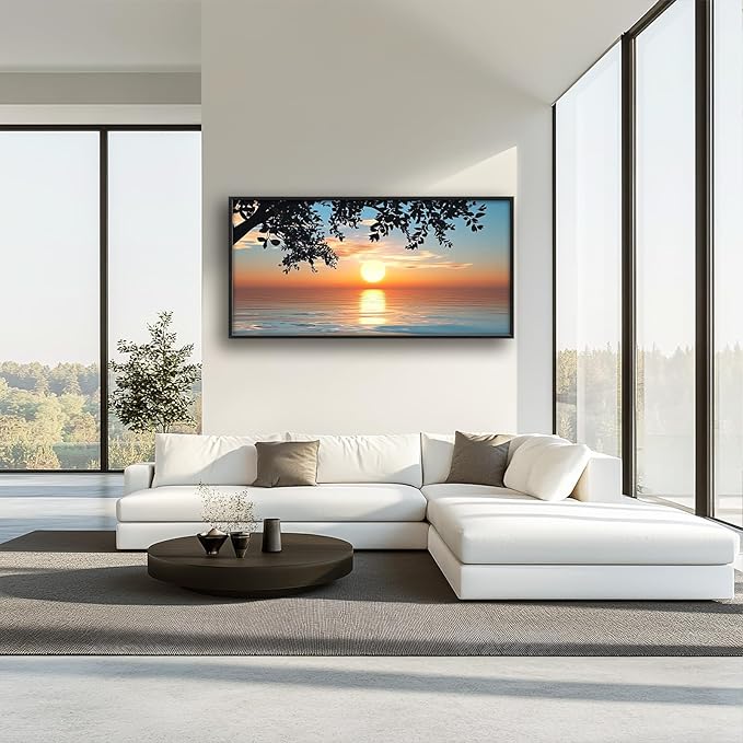 Framed Large Lake Sunset Wall Art, Oversized Natural Landscape Wall Decor for Living Room, Tree Leaves Canvas Painting Pictures Home Decoration for Living Room Bedroom Office 60"x30"-PawvioPets
