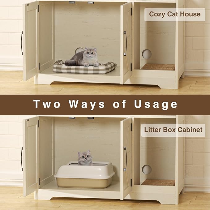 Cat Litter Box Enclosure, Hidden Litter Box Furniture with Scratch Pad, Farmhouse Indoor Cat House Washroom End Table, White-PawvioPets