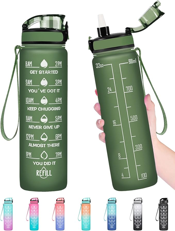 Enerbone Water Bottle, Leakproof BPA & Toxic Free, Motivational Water Bottle with Times to Drink and Straw, Fitness Sports Water Bottle with Strap for Office, Gym, Outdoor Sports-PawvioPets