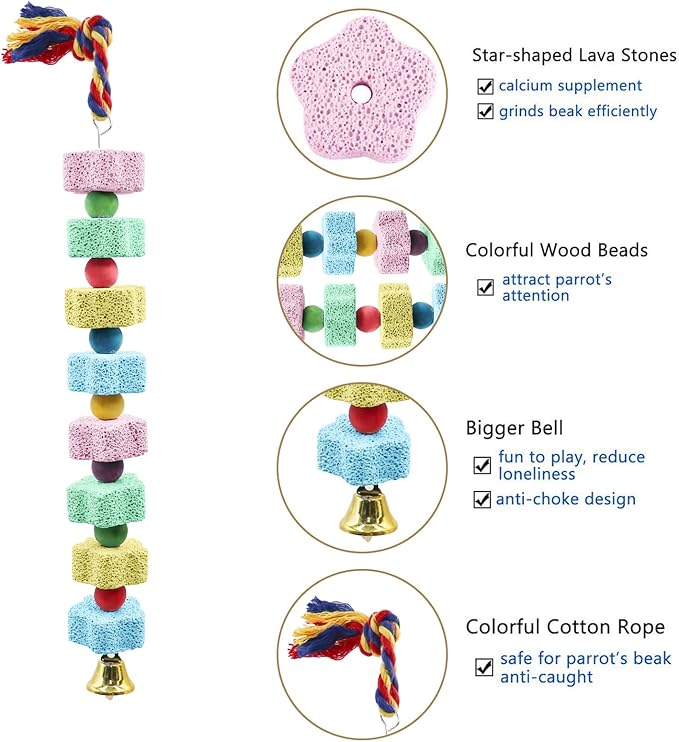 2 Pack Mineral Block Chew Toys with Colorful Beads and a Bell, Bird Beak Grinding Stone, Cage Accessories for African Grey, Budgies, Cockatiels, Small to Medium Birds-PawvioPets