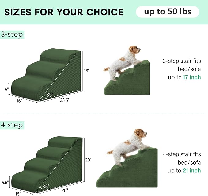 Dog Steps for Small Dogs, 3-Step Pet Ramp Stairs for High Beds and Sofa, Non-Slip Pet Stairs for Small Dogs and Cats, Removable and Easy to Clean Cover, Green-PawvioPets