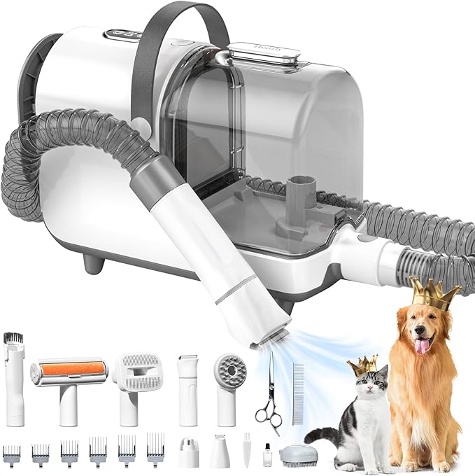 Bunfly Dog Grooming Kit,13000Pa Strong Grooming & Vacuum Suction 99.99% Pet Hair, 16 Pet Grooming Tools for Dogs Cats, 3L Large Capacity Dust Cup, Quiet Pet Vacuum Groomer (Silver & White)-PawvioPets
