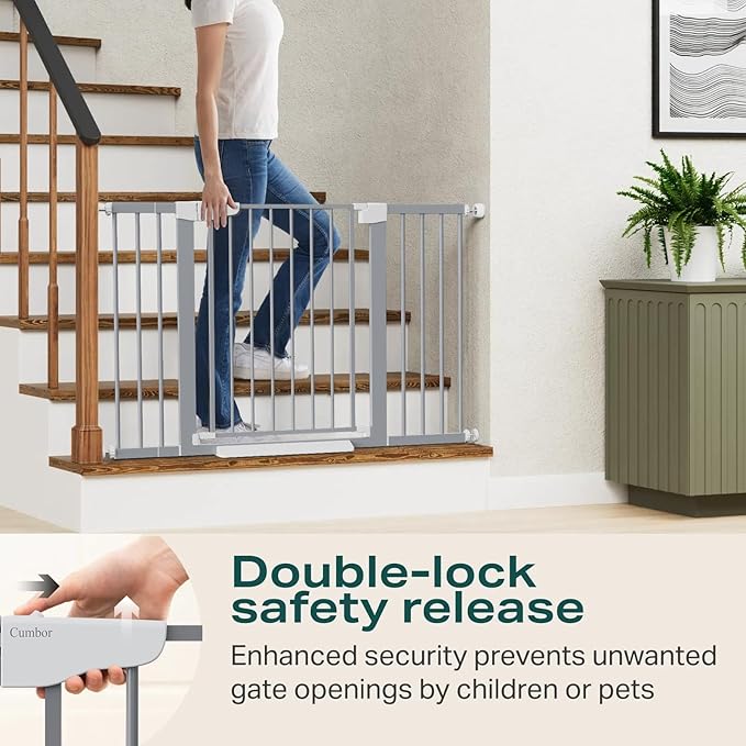 Cumbor 29.7"-51.5" Extra Wide Baby Gate for Stairs, Mom's Choice Awards Winner-Dog Gates for Doorways, Pressure Mounted Walk Through Pet Gate Indoor, Safety Auto-Close Child Gate for Kids, Gray-PawvioPets