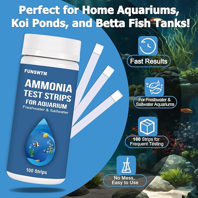 Ammonia Test Strips for Fish Tank: 100 Count Aquarium Ammonia Test Strips for Saltwater & Freshwater Aquariums & Ponds – Ammonia Test Kit with Test Tube Thermometer Stick-PawvioPets