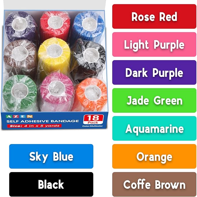 AZEN 18 Pack Self Adhesive Bandage Wrap, 4" X 5 Yards Elastic Cohesive Bandage Wrap, Color Athletic Tape, Tattoo Grip Tape Wra, Ankle Tape, Vet Wrap-PawvioPets