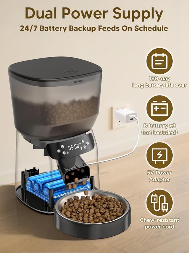 Automatic Cat Feeder and Water Fountain, 4L/16 Cups Timed Cat Dry Food Dispenser, 10s Meal Call, 20 Portions 6 Meals Per Day, 2L Cats Fountains for Drinking with Filter, Pet Feeder for Dog Black-PawvioPets