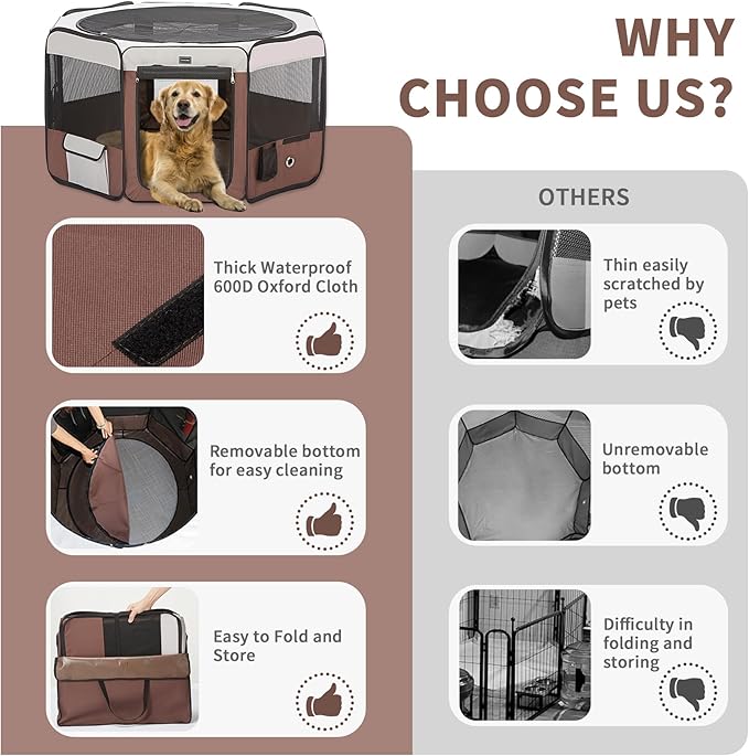 DONORO Dog Playpen Portable Pet Play Pens for Small Dog/Cat/Rabbit/Chicks, Cat Playpen Indoor/Outdoor with Carring Case, Removable Zipper Top and Bottom (Brown, Medium (35"x35"x20"), 8)-PawvioPets