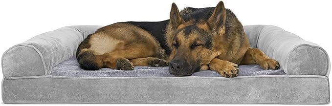 Furhaven Orthopedic Dog Bed for Large Dogs w/ Removable Bolsters & Washable Cover, For Dogs Up to 95 lbs - Faux Fur & Velvet Sofa - Smoke Gray, Jumbo/XL-PawvioPets