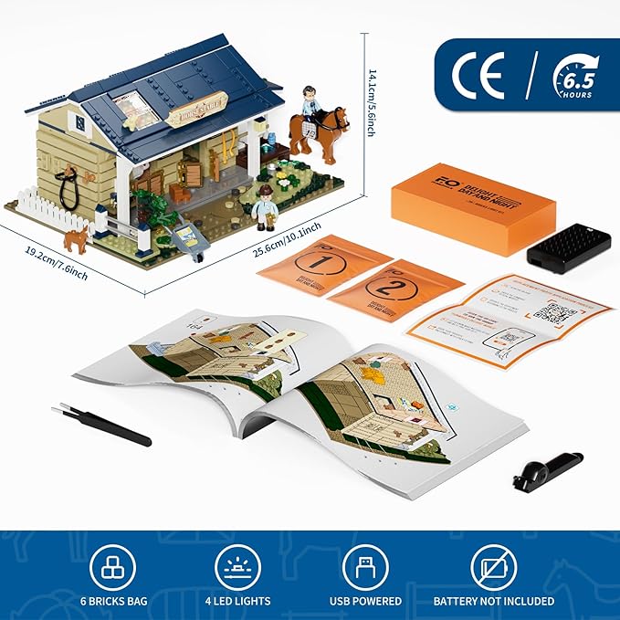 FUNWHOLE Farm Horse-Stable Lighting-Building-Bricks Set - Farm Life Horse Animals Cabin Collection LED Light Cottage Model Display Set 973 Pcs for Adults and Teen-PawvioPets