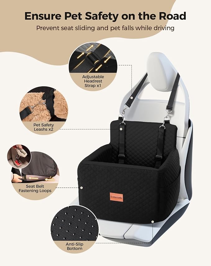 Dog Car Seat for Small & Medium Dogs Under 35lbs, Detachable & Washable Pet Car Seat, Interior Height 6 Inches Pet Travel Bed with Storage Pockets and 2 Dog Safety Belts (Black)-PawvioPets