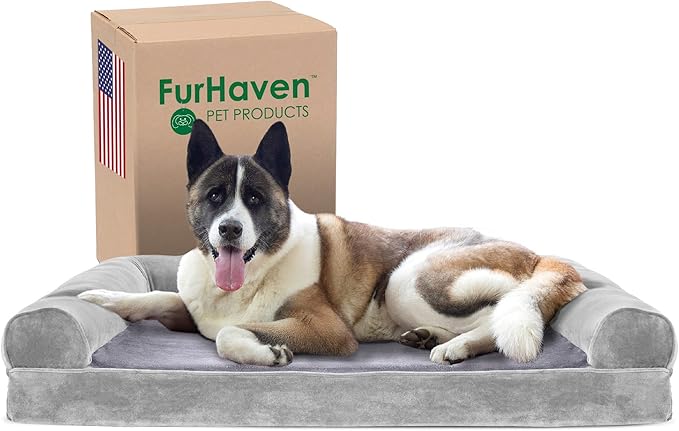 Furhaven Cooling Gel Dog Bed for Large Dogs w/ Removable Bolsters & Washable Cover, For Dogs Up to 95 lbs - Faux Fur & Velvet Sofa - Smoke Gray, Jumbo/XL-PawvioPets