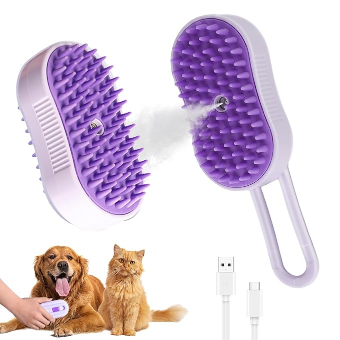 4 in 1 Cat Steam Brush for Shedding, Rechargeable Pet Steam Groomer Brush, Massage, Cleaning, Shedding & Combing Multifunctional Hair Removal Comb for Cats Dogs (Purple)-PawvioPets