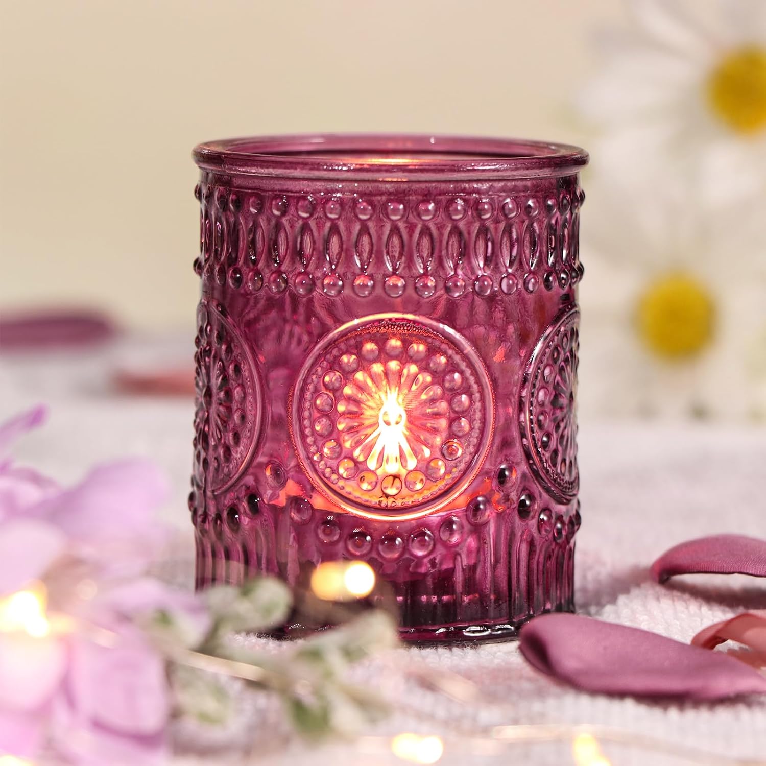 DARJEN Purple Votive Candle Holders Set of 36- Glass Tea Light Candles for Purple Candles, Embossed Candle Votives for Wedding Table Centerpiece, Party & Home Decor