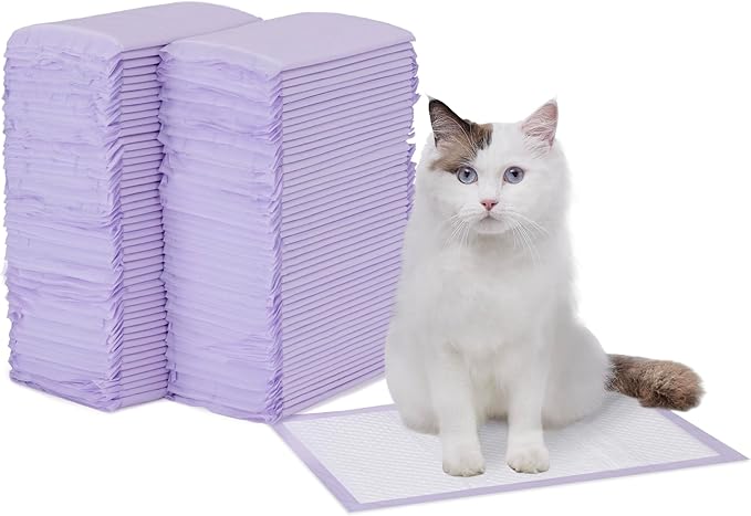 Amazon Basics Cat Pee Pads, 100 Count, Universal Fit for Litter Box, Odor Control with Fresh Scent, White/Purple-PawvioPets