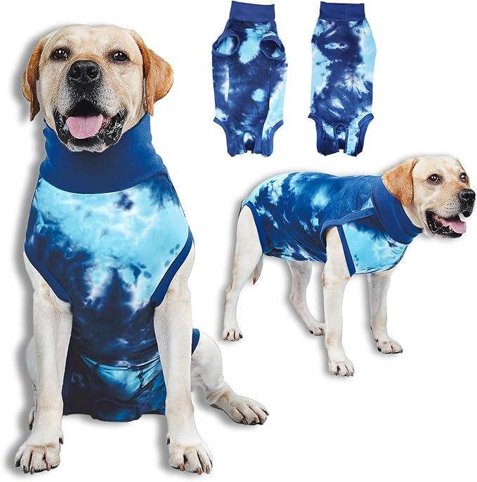Breathable Dog Recovery Suit for Male/Female, Tie Dye Blue Dog Onesie for Abdominal Wounds, Cone E-Collar Alternative After Surgery to Anti-Licking, Professional Surgery Suit for Dogs-PawvioPets