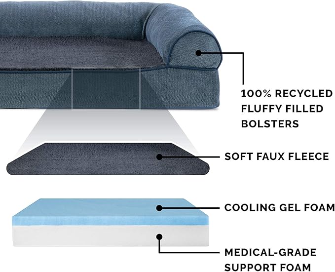 Furhaven Cooling Gel Dog Bed for Large Dogs w/ Removable Bolsters & Washable Cover, For Dogs Up to 125 lbs - Sherpa & Chenille Sofa - Orion Blue, Jumbo Plus/XXL-PawvioPets