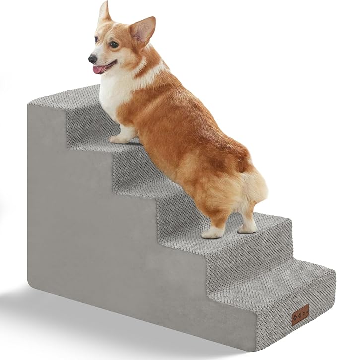 GGIB Dog Stairs for Small Dogs Cats Non-Slip Dog Steps for High Bed Pet Stairs for Sofa Couch Pet Ramp Pet Steps with Removable Washable Cover, Light Grey, 22" H, 5-Step-PawvioPets