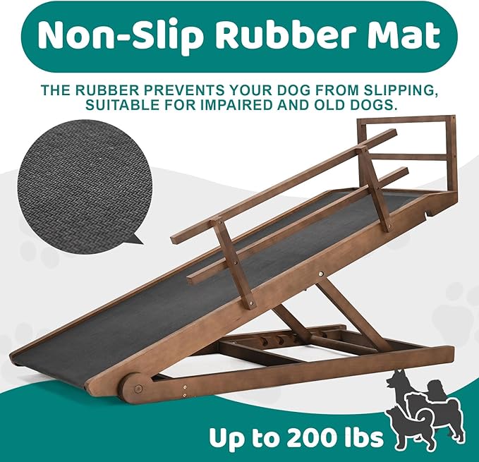 Dog Ramp for Bed, Adjustable Pet Ramps for Dog to Get on Bed, Non-Slip Rubber Surface - Folding Wooden Dog Ramp for Small/Large/Old Dogs, Adjustable up to 23.5 inch High Beds, Safety Railings-PawvioPets