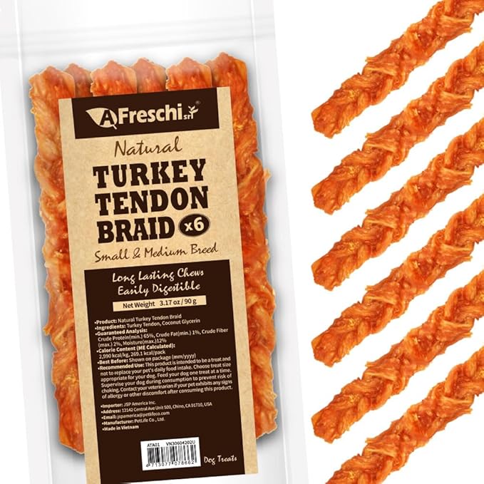Afreschi Turkey Tendon Braid (M) 3.17 oz, USA-Sourced Turkey Tendon, All Natural Human Grade Dog Chew, Hypoallergenic, Rawhide Alternative, Dog Treats for Small & Medium Breeds-PawvioPets