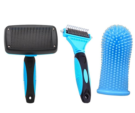 3-in 1 Dog & Cat Grooming Supplies- Self-cleaning Slicker Brush, Deshedding Rake Comb, And Finger Toothbrush For Dogs & Cats | Perfect For Pet Grooming Kit, Dematting And Dental Tool (blue)-PawvioPets