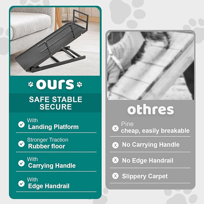 Dog Ramp for Bed, Adjustable Pet Ramps for Dog to Get on Bed, Non-Slip Rubber Surface - Folding Wooden Dog Ramp for Small/Large/Old Dogs, Adjustable up to 23.5 inch High Beds, Safety Railings-PawvioPets