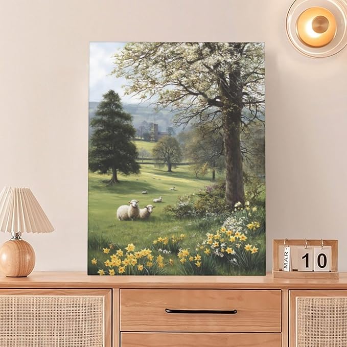 Country Sheep Canvas Wall Decor Farmhouse Rustic Lamb Wildflower Wall Art Nature Countryside Landscape Pictures Painting Print Framed Artwork Decorations for Bathroom Living Room Bedroom 12"x16"-PawvioPets