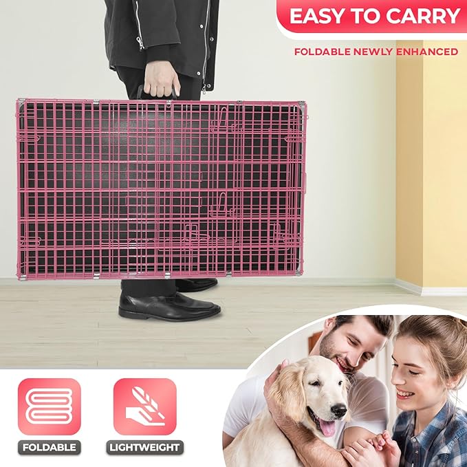 FDW Dog Crate for Large Dogs 48 Inch Folding Metal WirePet Cage Double Door W/Divider Panel Indoor Outdoor Kennel Leak-Proof Plastic Tray,Pink-PawvioPets