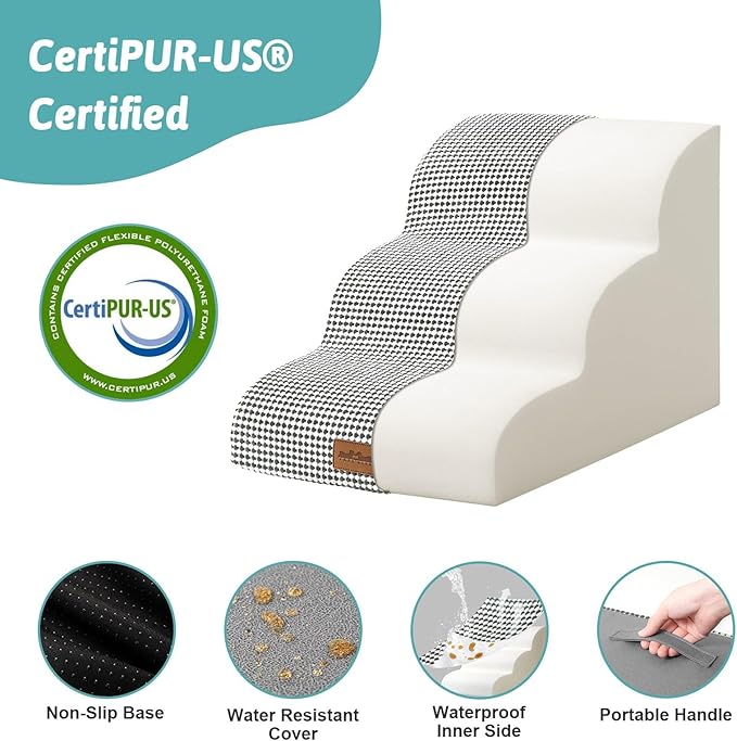 Dog Stairs for Small Dogs 15.7" H, Curved Dog Step for Puppy, Older Cat, Medium Pet Ramp for Sofa, Couch or Chair, Ladder with High Density Foam, 15.7x22.4x15.7 inch, 3 Step, White Black-PawvioPets