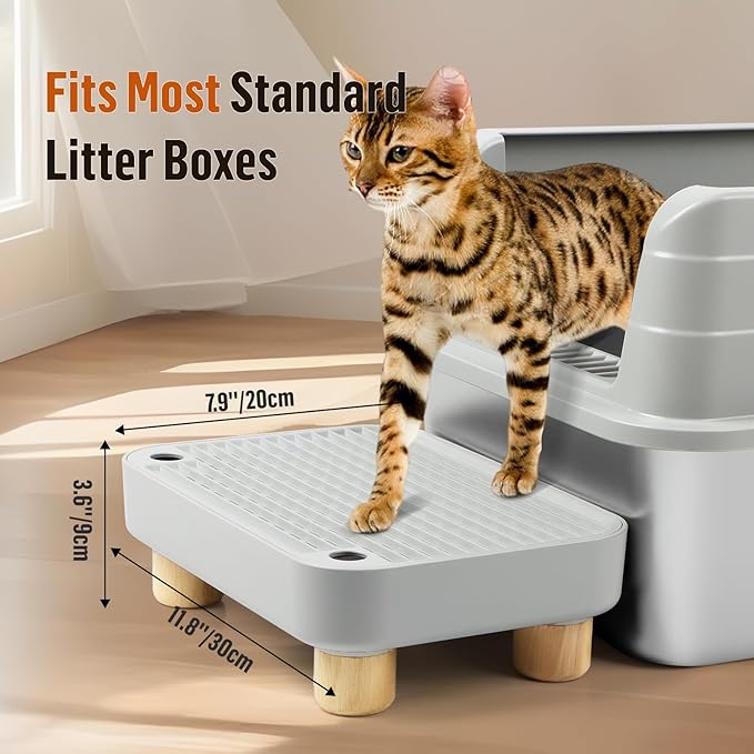 Cat Litter Box Step Ramp, Cat Litter Catcher Mat with Wooden Feet, Filter Function, Cat Pedal Stool for Self-Cleaning Cat Litter Box, Ideal for Kitten & Elderly Cats (Light Grey)-PawvioPets