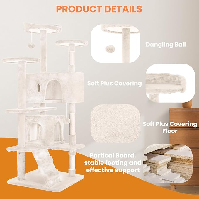 54.7 inches Cat Tower for Indoor Cats, Multi-Level Cat Condos with Scratching Posts, Hanging Toys, Beige-PawvioPets