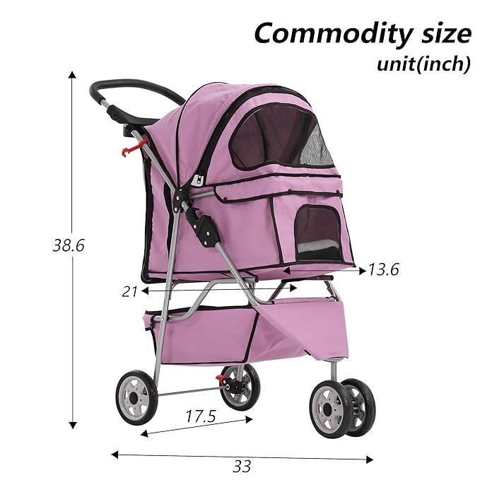 Dog Stroller,3 Wheels Travel Folding Pet Stroller for Small Medium Dog Cat Jogger Stroller with Storage Basket Removable Liner Pink-PawvioPets