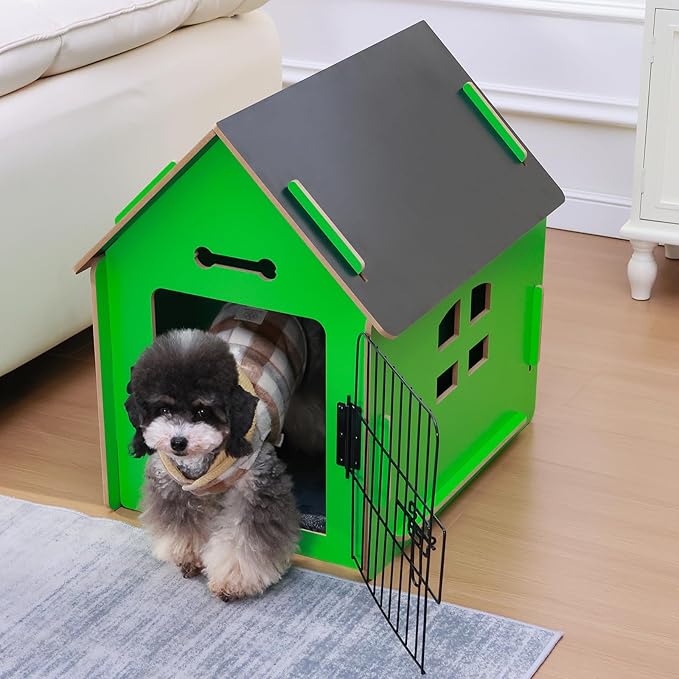 Dog House Indoor for Small Dogs or Cats, Cozy Wooden Design, Small Indoor Bed House, with Air Vents and Elevated Floor Warm Dog Cave (Green)-PawvioPets