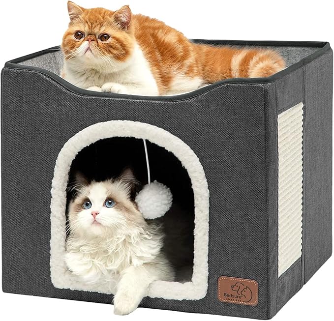 Bedsure Cat Beds for Indoor Cats - Large Cat Cave for Pet Cat House with Fluffy Ball Hanging and Scratch Pad, Foldable Cat Hideaway, 16.5x16.5x13 inches, Dark Grey-PawvioPets