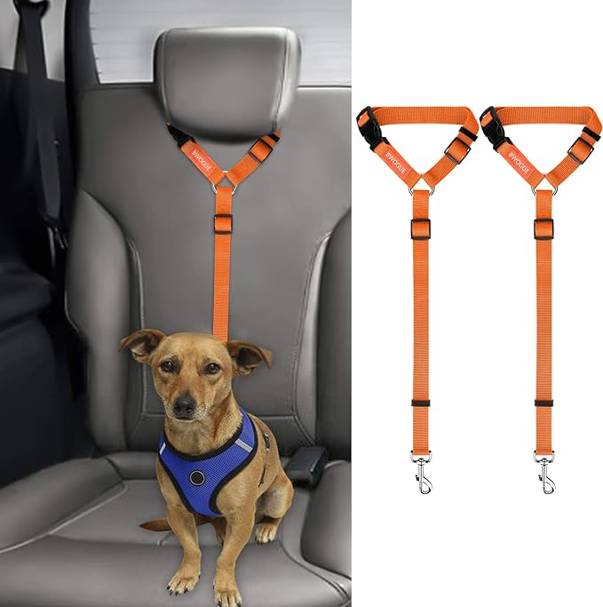 BWOGUE 2 Packs Dog Cat Safety Seat Belt Strap Car Headrest Restraint Adjustable Nylon Fabric Dog Restraints Vehicle Seatbelts Harness Orange-PawvioPets