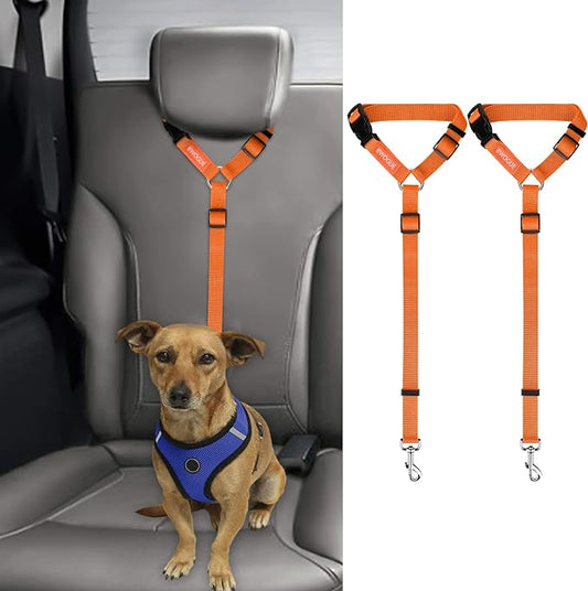 BWOGUE 2 Packs Dog Cat Safety Seat Belt Strap Car Headrest Restraint Adjustable Nylon Fabric Dog Restraints Vehicle Seatbelts Harness Orange-PawvioPets